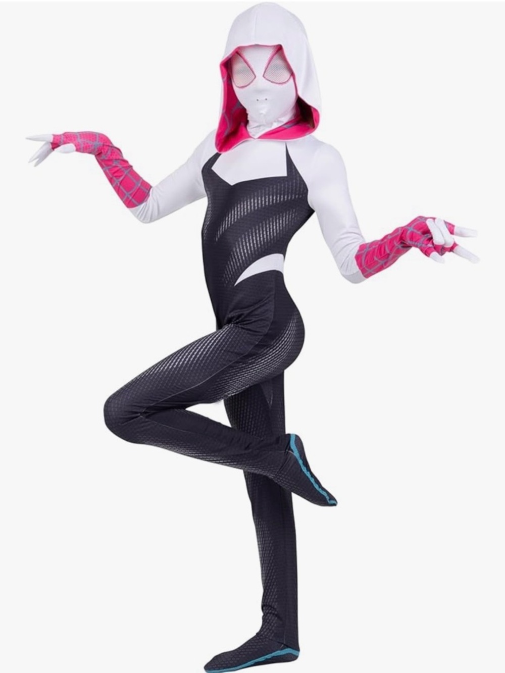 Girls Spider-Gwen Style Hooded Jumpsuit Costume in White, Black & Pink